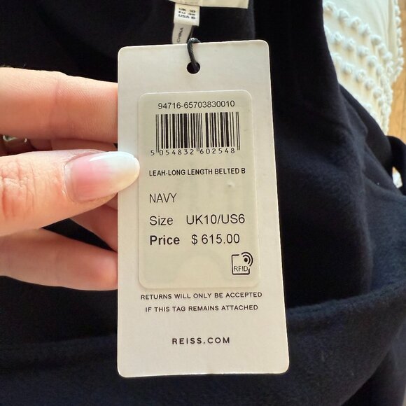 NWT Reiss Leah Longline Overcoat  Sz 6 in Navy Belted Notch Lapel Wool Blend - Picture 3 of 10